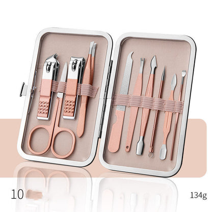 Professional scissors nail clippers set in a rose gold leather case with nail trimming tools.