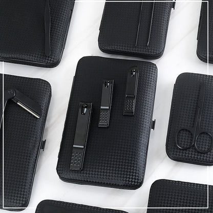 Professional scissors nail clippers set with black leather case, high-quality stainless steel tools for manicure and pedicure.