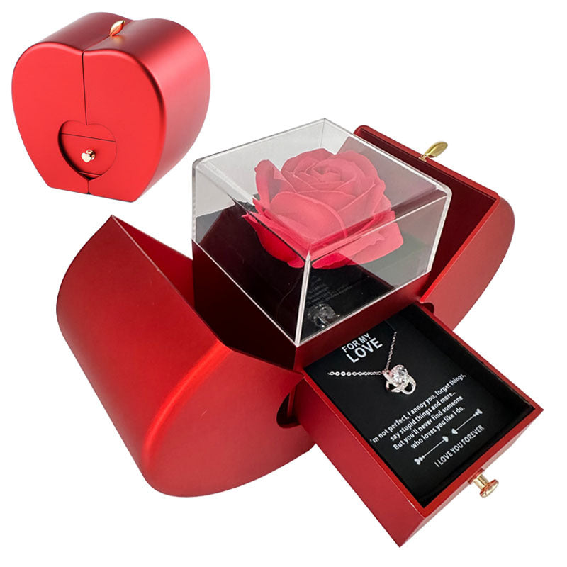 Fashion jewelry box shaped like a red apple with eternal rose and necklace gift.