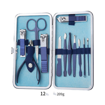 Professional stainless steel nail clippers set in a blue leather case, featuring 12 grooming tools for versatile use.