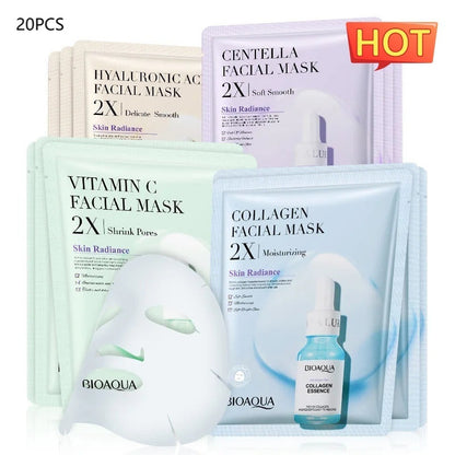 Collagen face mask with hyaluronic acid, vitamin C, and Centella Asiatica for moisturizing and firming skin care.