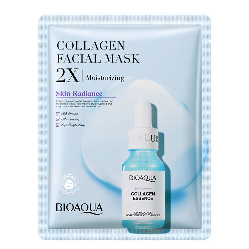 Collagen face mask with moisturizing essence for skin care.