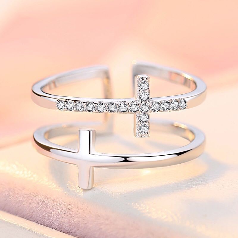 Double Cross Miniature Copper Inlaid  | Cross Zirconia Rings - Essential Loved